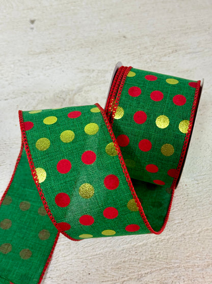 2.5 Inch By 10 Yard Red Emerald And Lime Metallic Polka Dot Ribbon