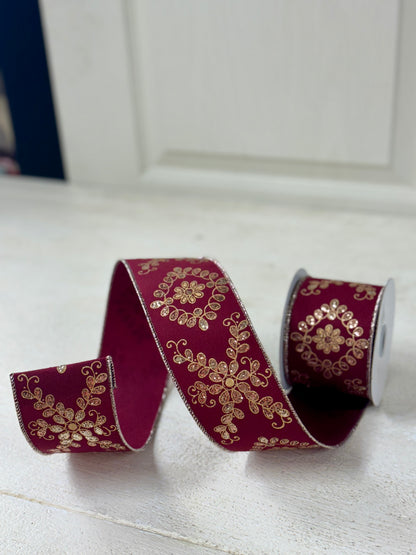 2.5 Inch By 10 Yard Wine Ornate Loop Diamond Ribbon