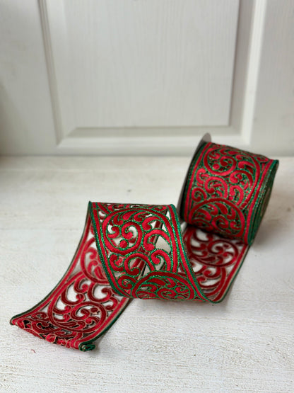 4 Inch By 10 Yard Designer Red And Emerald Scroll Ribbon