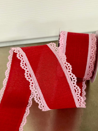2.5 Inch By 10 Yard Red And Pink Lace Edge Royal Burlap Ribbon