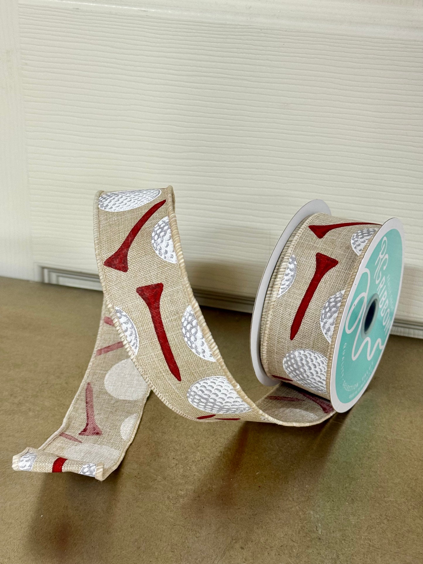 1.5 Inch By 10 Yard Tan And Red Golf Ball Ribbon