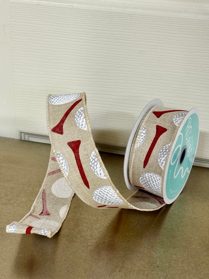 1.5 Inch By 10 Yard Tan And Red Golf Ball Ribbon