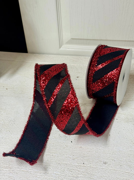 2.5 Inch By 10 Yard Black And Red Glitter Diagonal Stripe Ribbon With Tinsel Edging