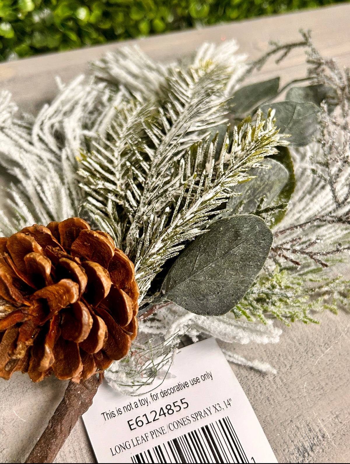 14 Inch Green White Flocked Long Needle Magnolia Cedar Spray