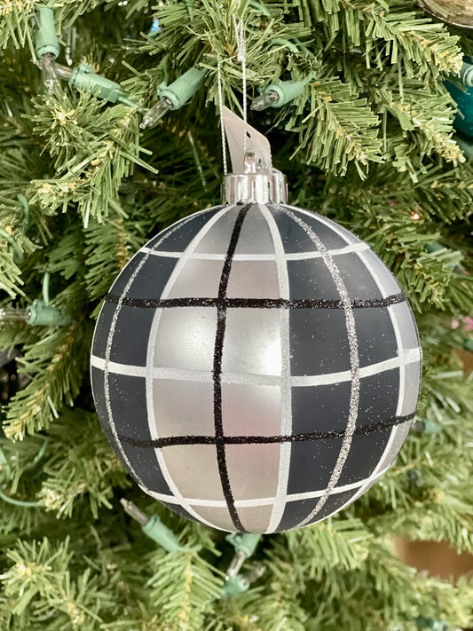 5 Inch Black White And Pewter Plaid Ornament Ball