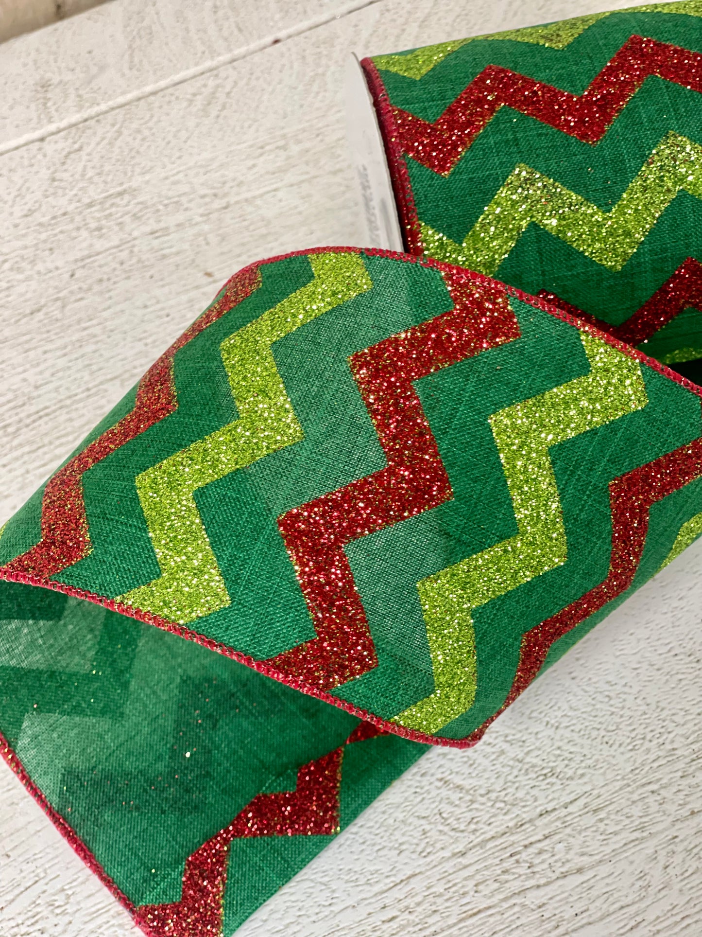 4 Inch By 10 Yard Red And Lime Glitter Chevron Ribbon