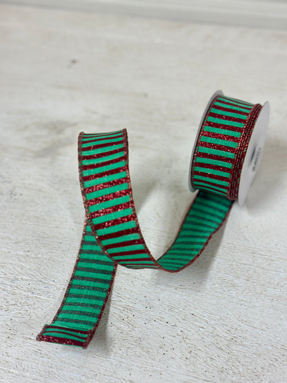 1.5 Inch By 10 Yard Jade And Red Glitter Stripe Ribbon