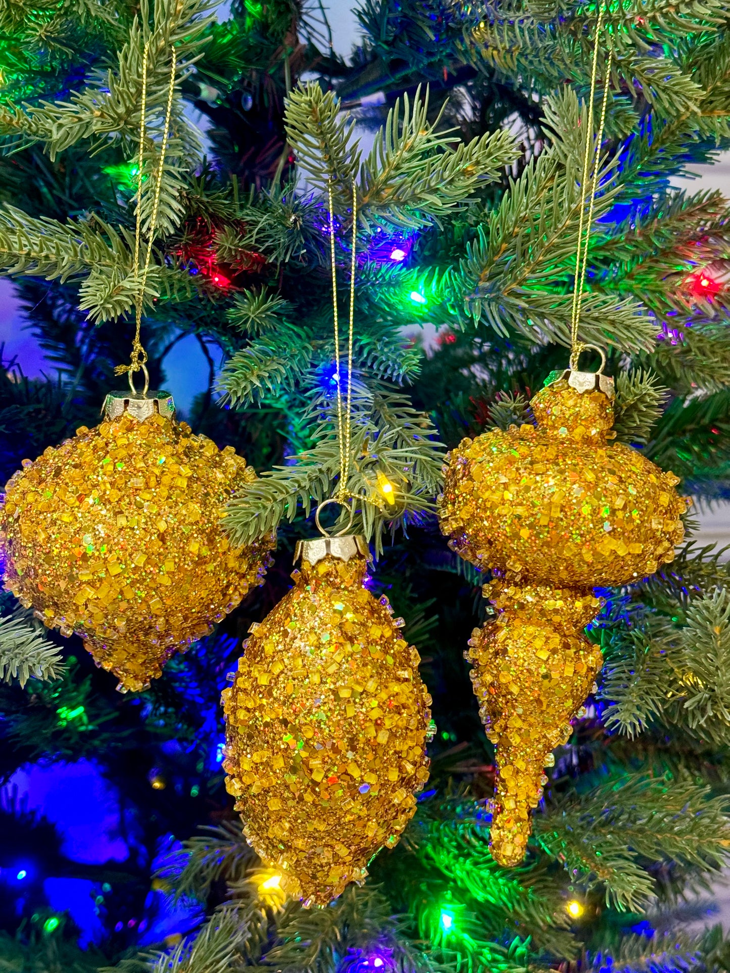 Gold Glitter Beaded Ornament Three Assorted