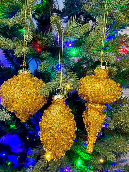 Gold Glitter Beaded Ornament Three Assorted