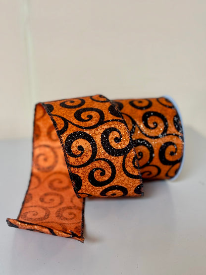 2.5 Inch By 10 Yard Orange With Black Glitter Swirls Ribbon