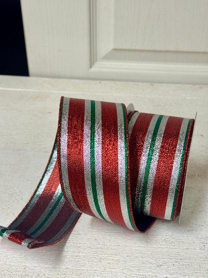 2.5 Inch By 10 Yard Red Silver And Emerald Metallic Stripe Ribbon