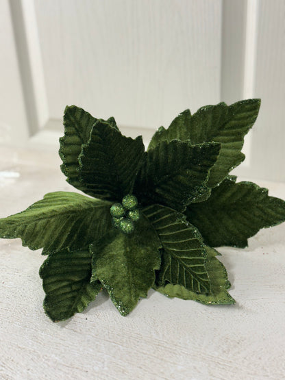 12.5 Inch Moss Green Velvet Poinsettia Stem