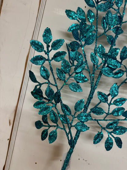 28 Inch Turquoise Glitter Leaf Spray