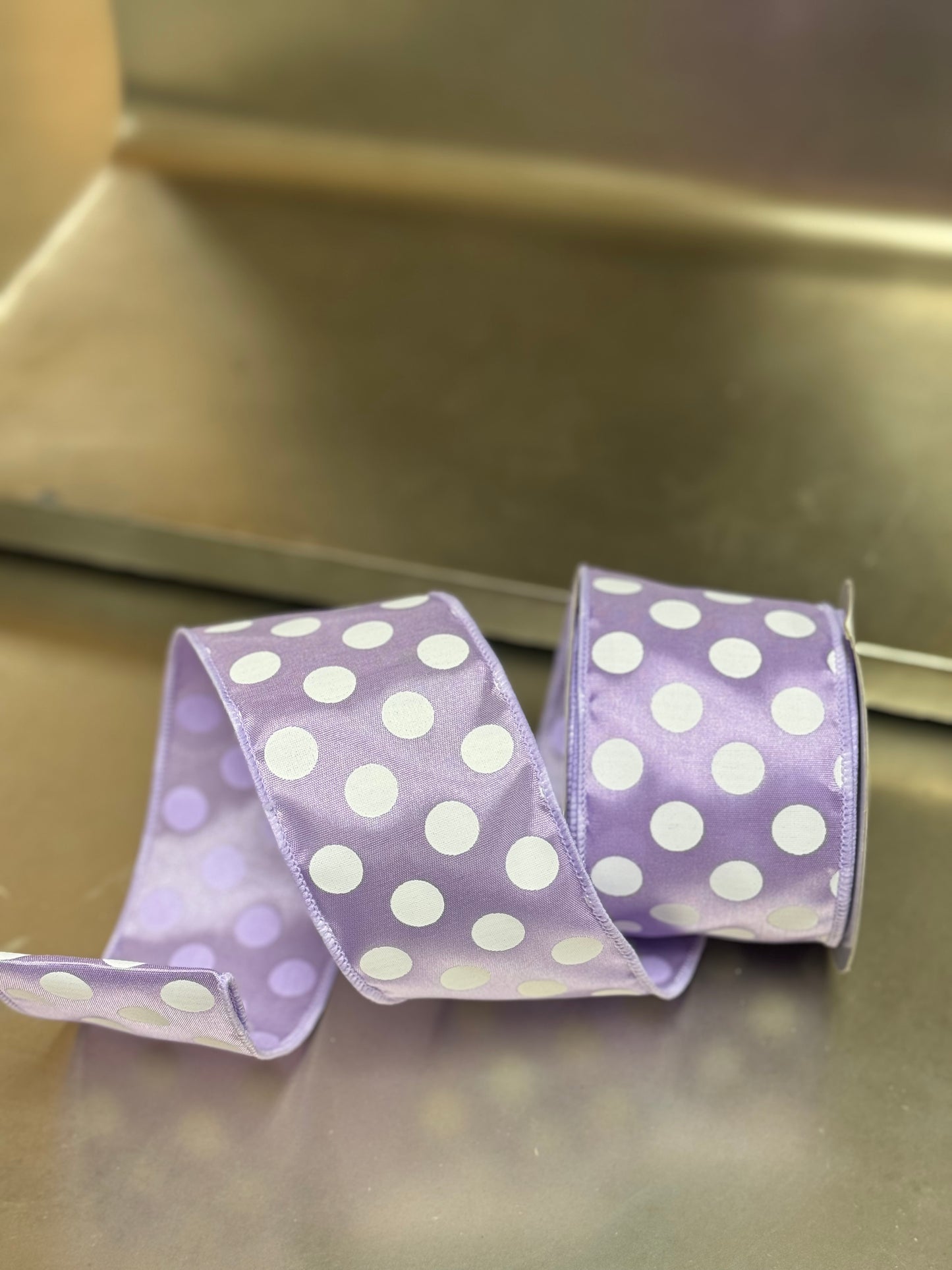 2.5 Inch By 10 Yard Lavender And White Polka Dot Ribbon