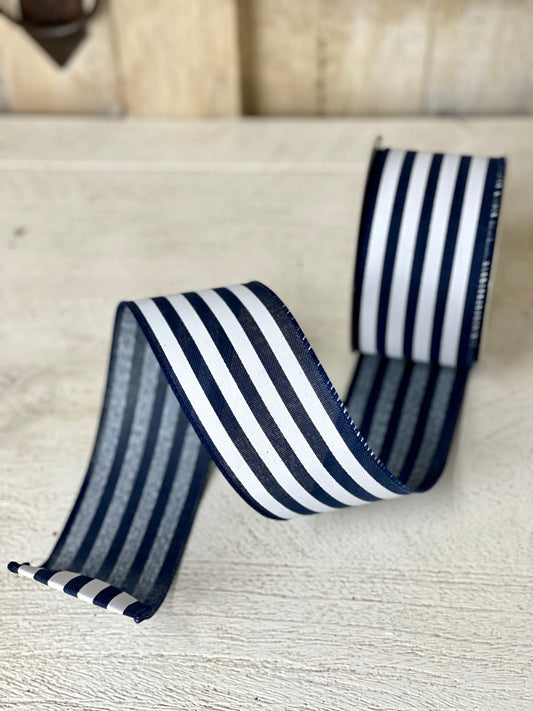 2.5 Inch By 10 Yard Navy And White Cabana Stripe Ribbon