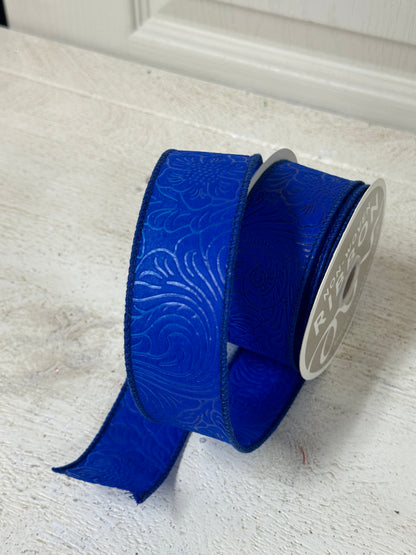 1.5 Inch By 10 Yard Royal Blue Floral Leaves Ribbon