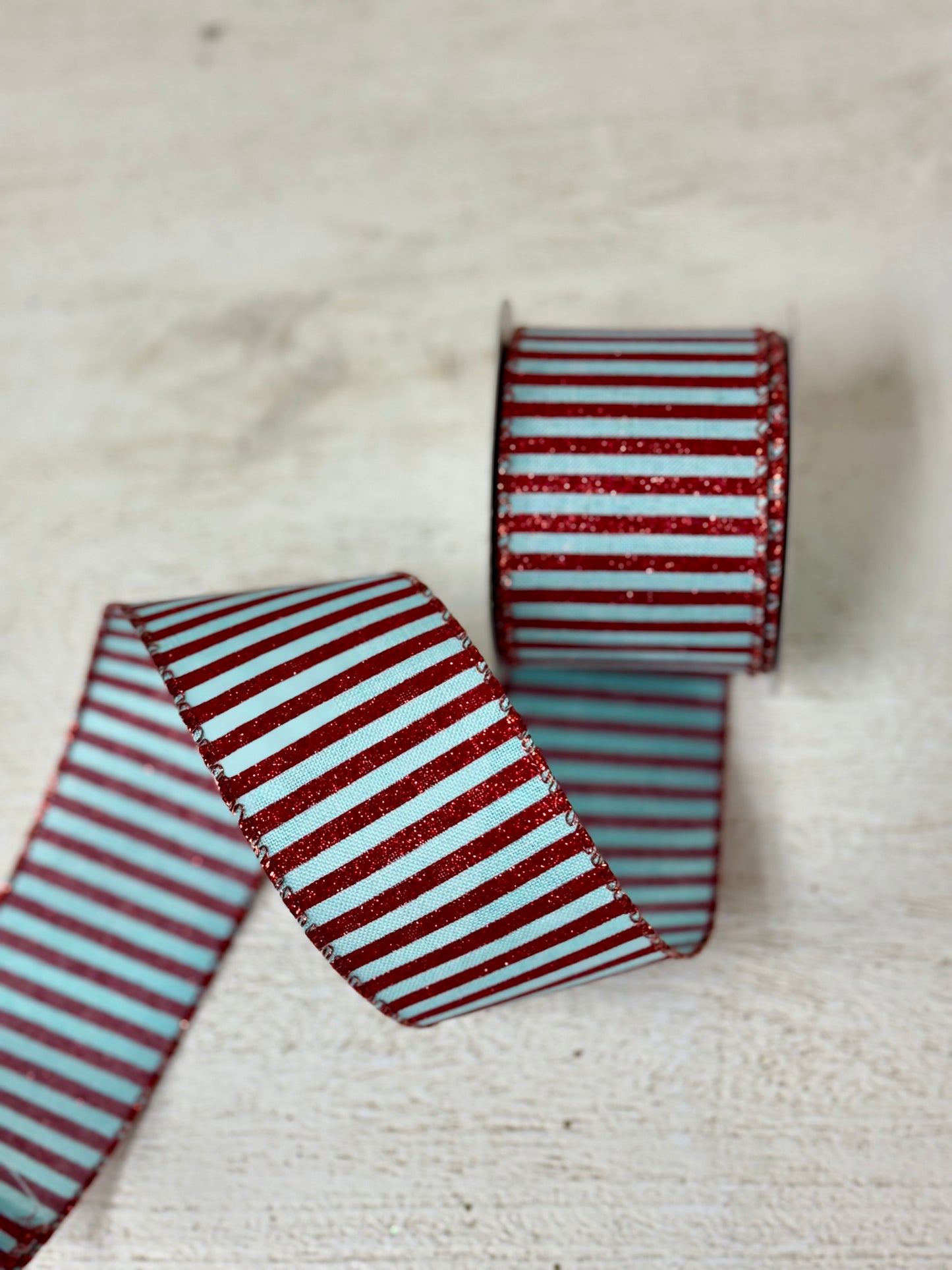 2.5 Inch By 10 Yard Ice Blue And Red Striped Ribbon