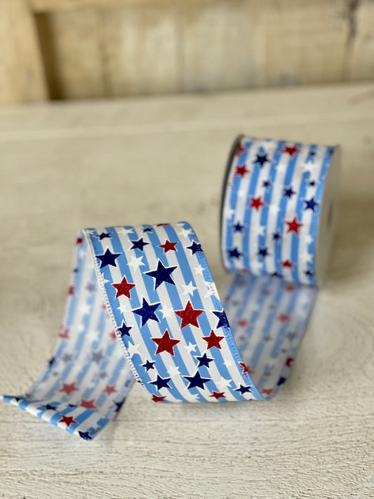 2.5 Inch By 10 Yard Blue And White Striped With Glitter Stars Ribbon