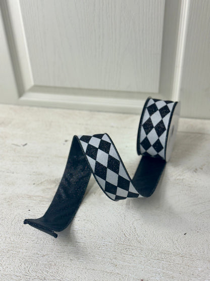 2 Inch By 10 Yard Black And White Harlequin Double Layer Ribbon