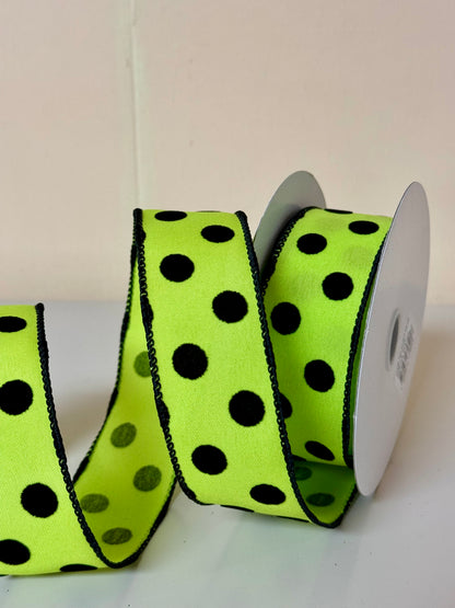 1.5 Inch Lime Green With Black Polka Dots Ribbon