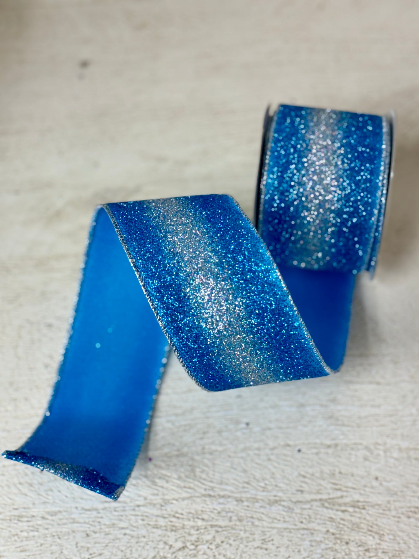 2.5 Inch By 10 Yard Turquoise Blue And Silver Glitter Gradient Ribbon