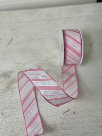 1.5 Inch By 10 Yard Light Pink And White Glitter Striped Ribbon