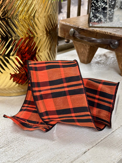 4 Inch By 10 Yard Burnt Orange And Black Dupioni Plaid Ribbon