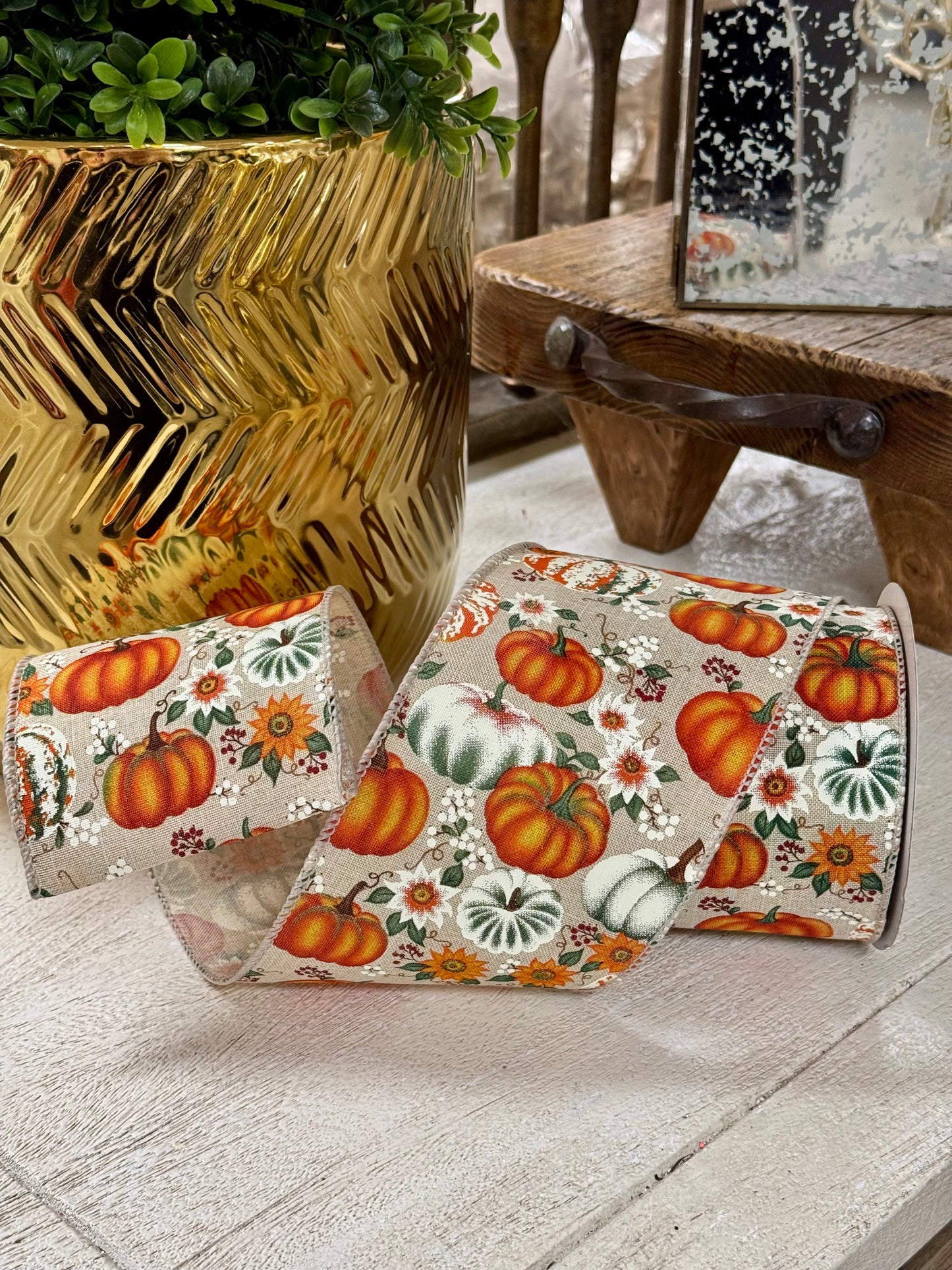 4 Inch By 10 Yard Orange Natural Harvest Pumpkins And Flowers Ribbon