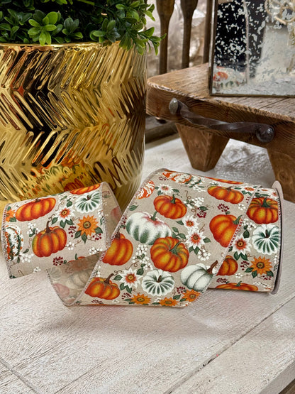 4 Inch By 10 Yard Orange Natural Harvest Pumpkins And Flowers Ribbon