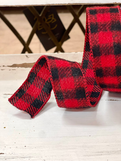 Black And Red Brushed Square Plaid Ribbon 1.5 Inch 10 Yard Roll