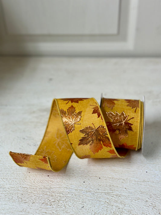2.5 Inch By 10 Yard Mustard Background With Copper Maple Leaves Ribbon
