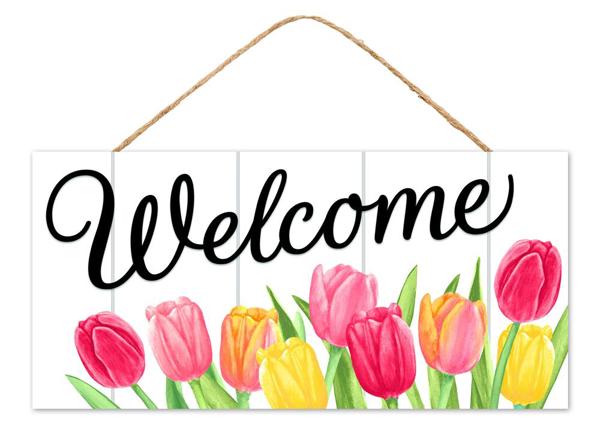 Welcome With Tulip Detailing Wooden Sign