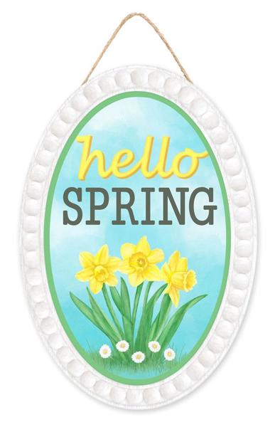 Hello Spring Oval Wood Sign With Daffodils