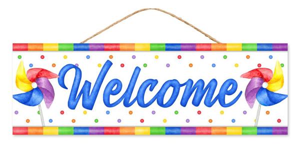 15 Inch Long Multicolor Welcome With Pinwheels Wooden Sign