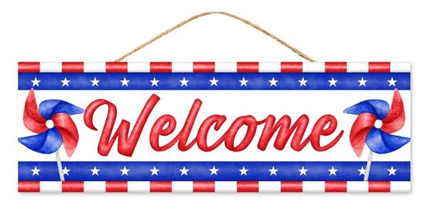 15 Inch Long Red White And Blue Welcome Pinwheel Wooden Sign