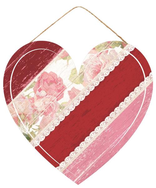 12 Inch Red Pink Floral Heart Wooden Sign