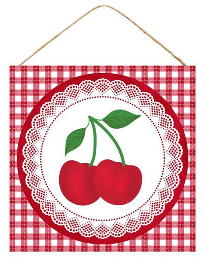 10 Inch Red And White Cherry With Lace Wooden Sign