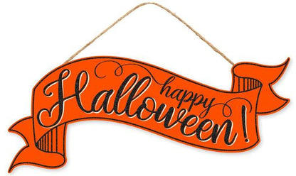 15 Inch Happy Halloween Orange And Black Wooden Banner Sign