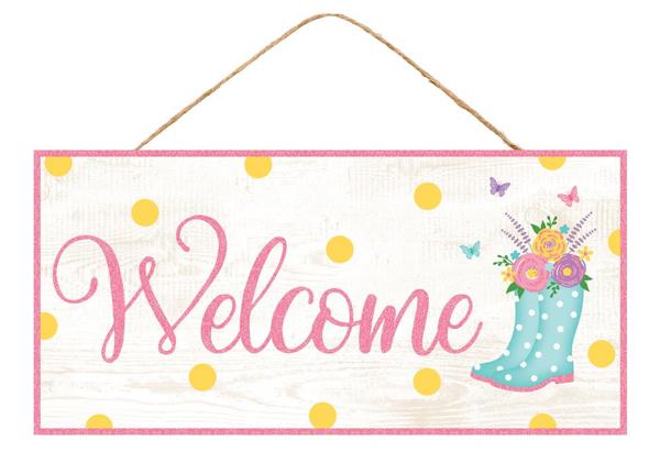 Welcome Glitter Boots Wooden Sign