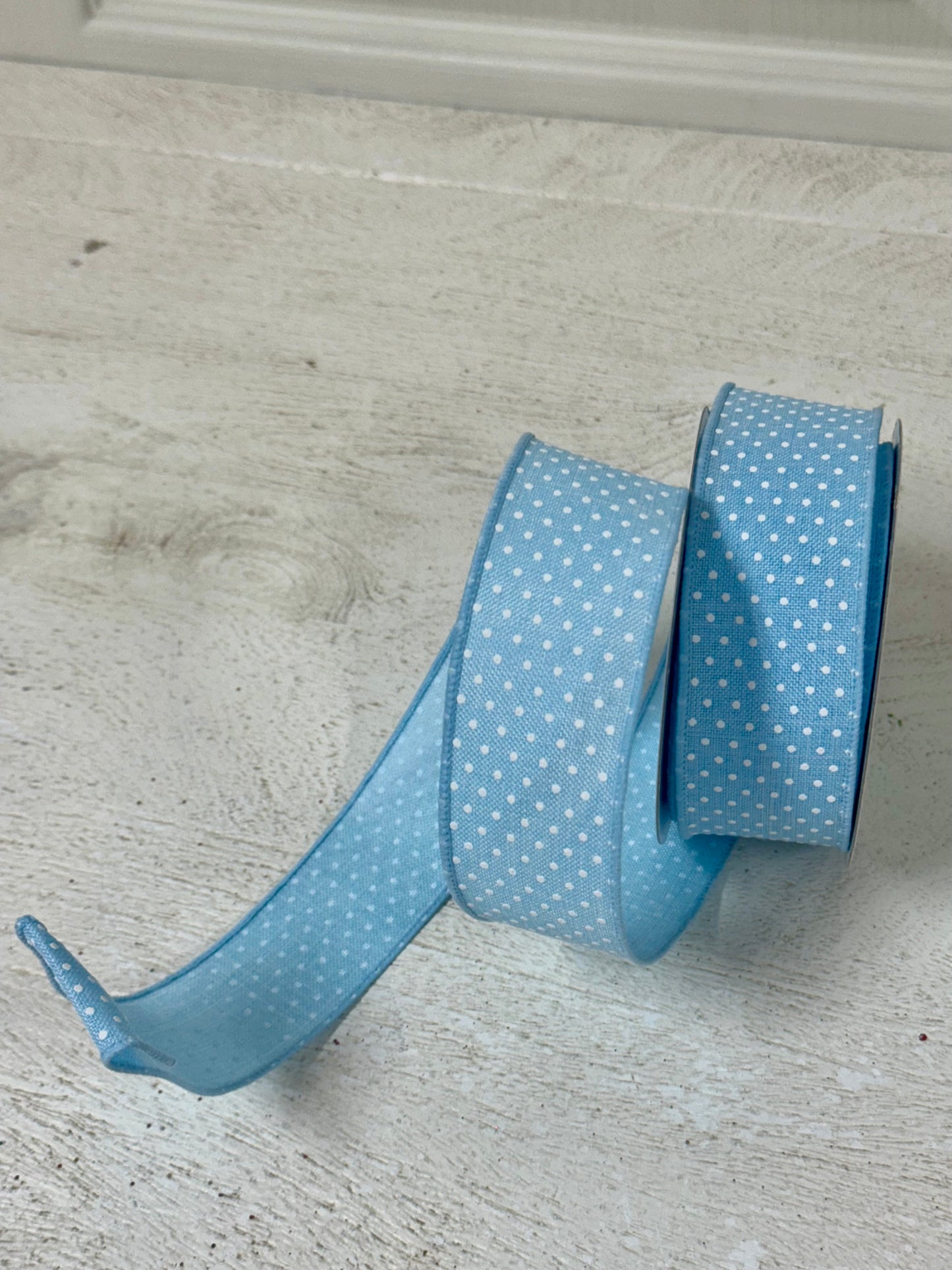 1.5 Inch By 10 Yard Pale Blue And White Raised Polka Dots Ribbon