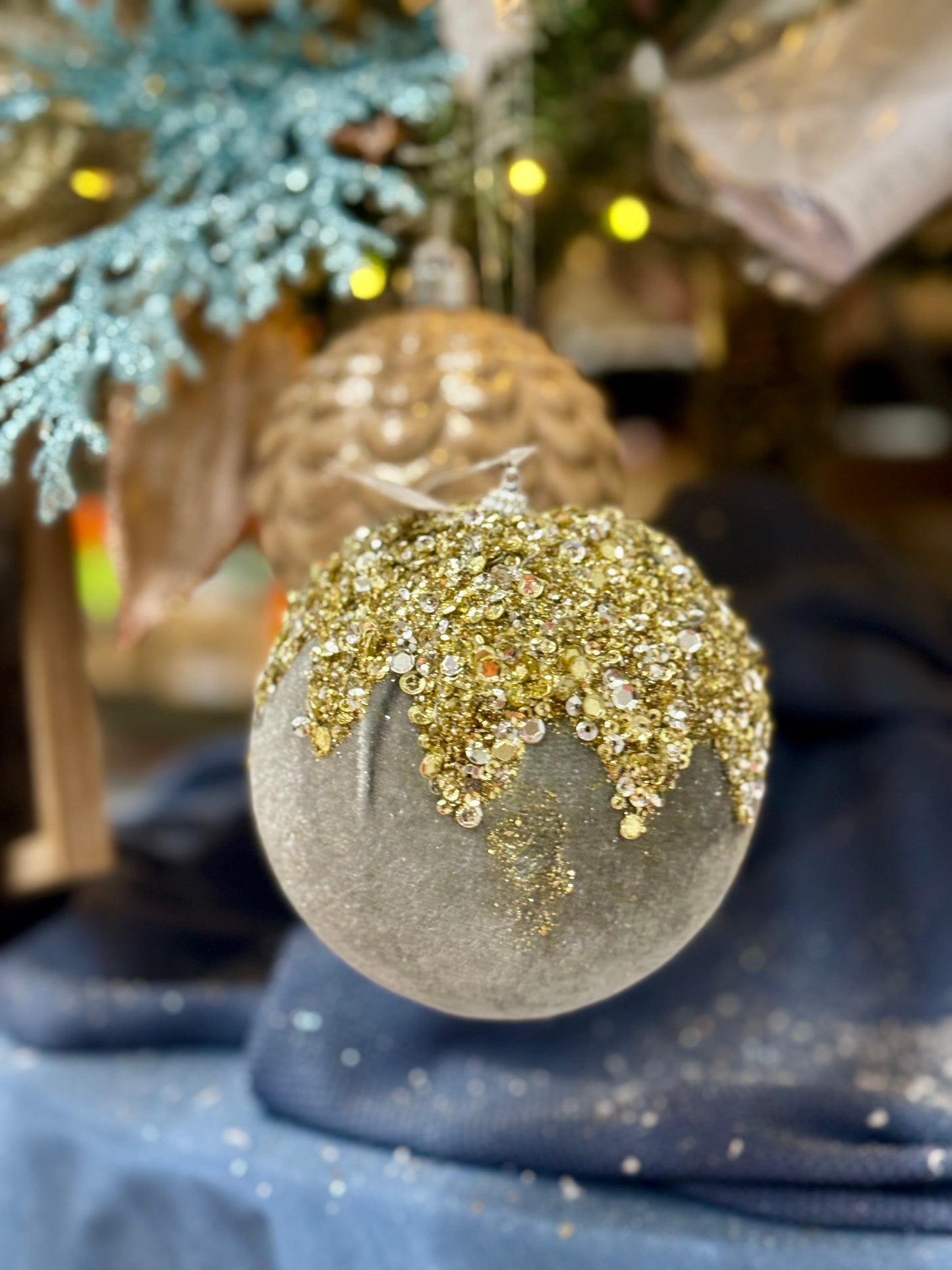 4.75 Inch Pewter Velvet Sequin Dripped Ornament Ball