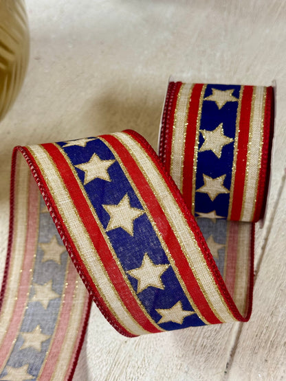 2.5 Inch By 10 Yard Natural And Red Stars And Stripes Ribbon