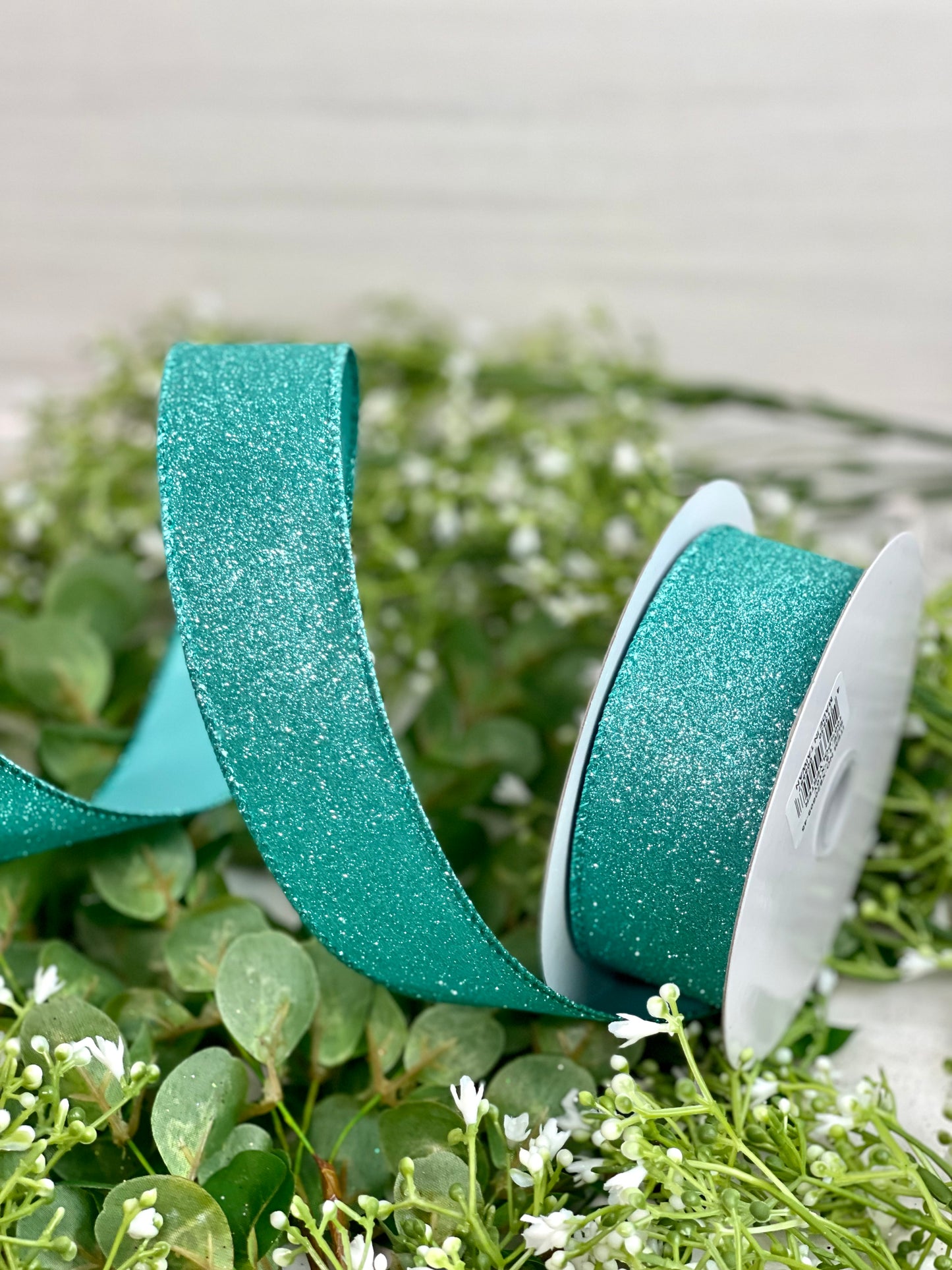 1.5 Inch By 10 Yard Aqua All Flat Glitter Ribbon