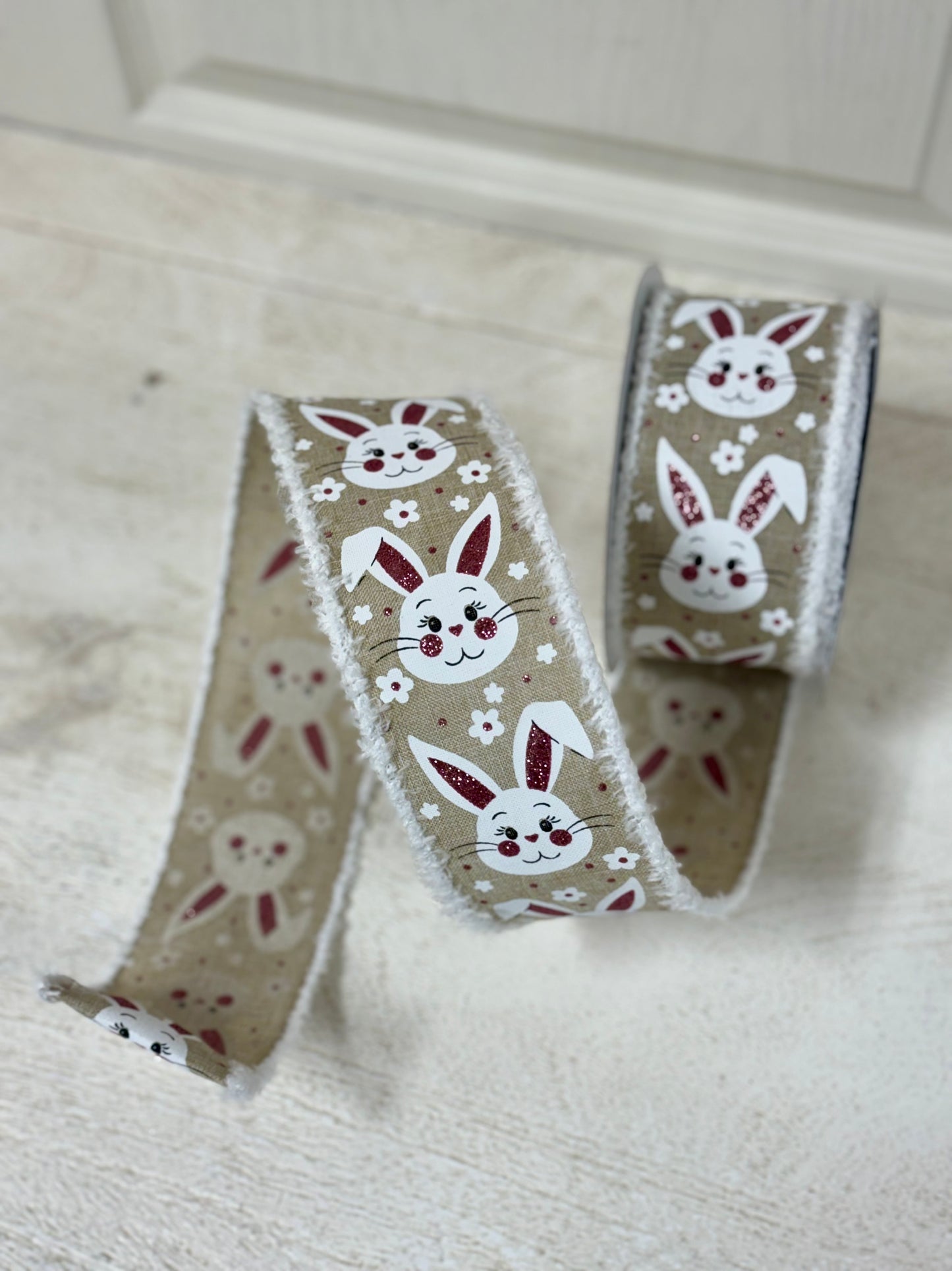 2.5 Inch By 10 Yard Easter Bunny Face With White Drift Edge Ribbon