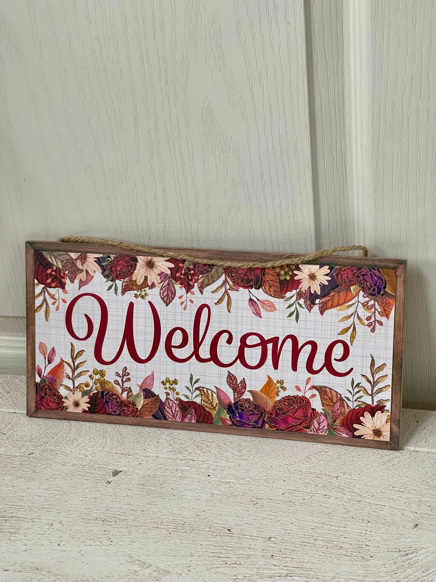 12.5 Inch Welcome With Fall Flowers Wooden Sign