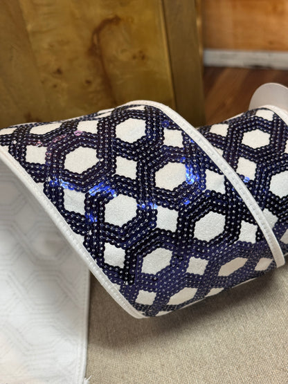John Mark 4 Inch By 5 Yard Blue And White Sequin Dupioni Fused Piping Ribbon