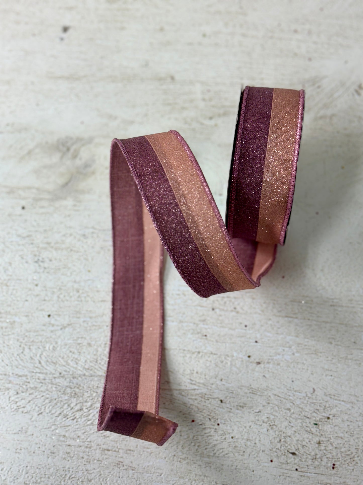 1.5 Inch By 10 Yard Rose Gold And Mulberry Glitter Striped Ribbon