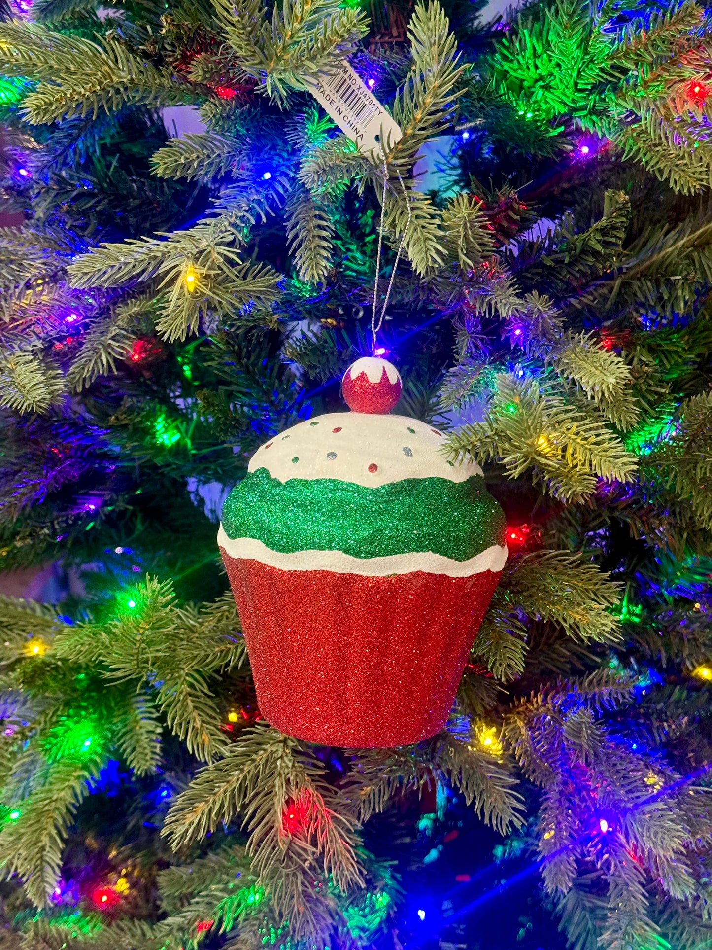 5.5 Inch Red Green Glitter Cupcake Ornament
