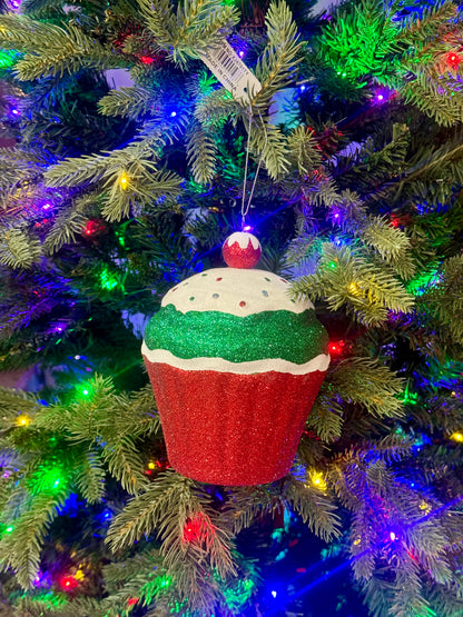 5.5 Inch Red Green Glitter Cupcake Ornament