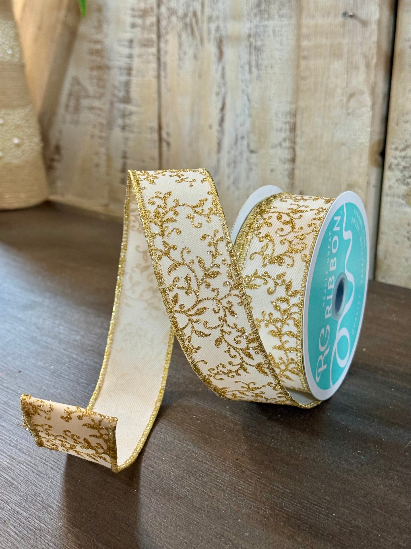 1.5 Inch By 10 Yard Ivory And Gold Mini Leaf Vines Ribbon